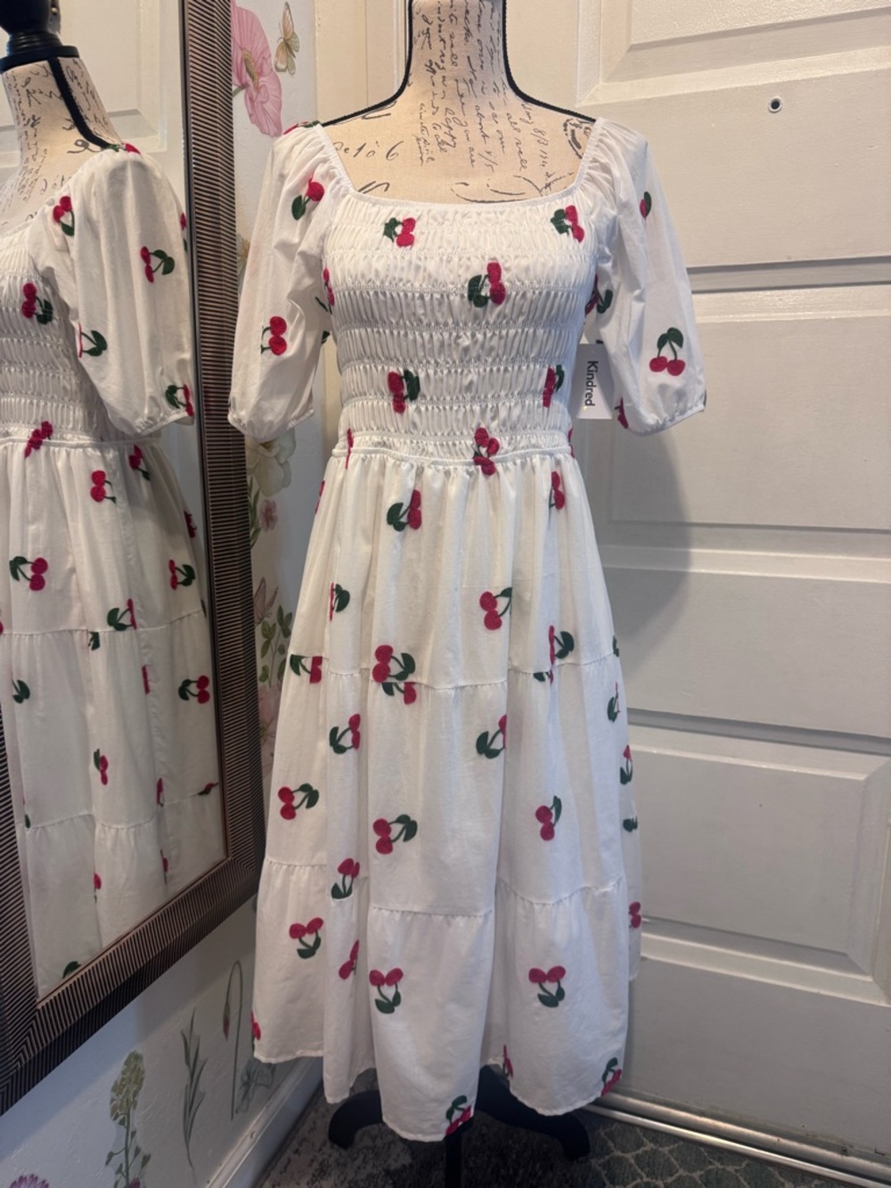 White Cherry-Print Midi Dress with Smocked Bodice